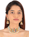 Gold Finish Jadtar Navratna Choker Set with Jhumki - indian choker necklace set