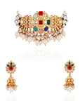 Gold Finish Jadtar Navratna Choker Set with Jhumki - choker set New Zealand