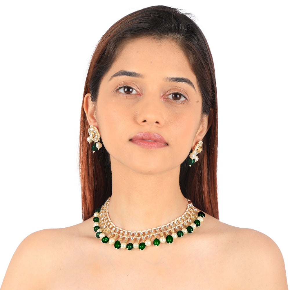 Green Beads with White Pearl Jadtar Stone Choker Set - indian pearl jewellery