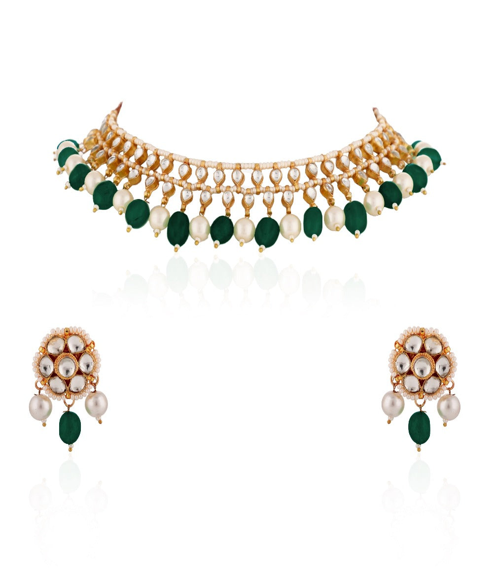 Green Beads with White Pearl Jadtar Stone Choker Set - indian jewelry set Sydney