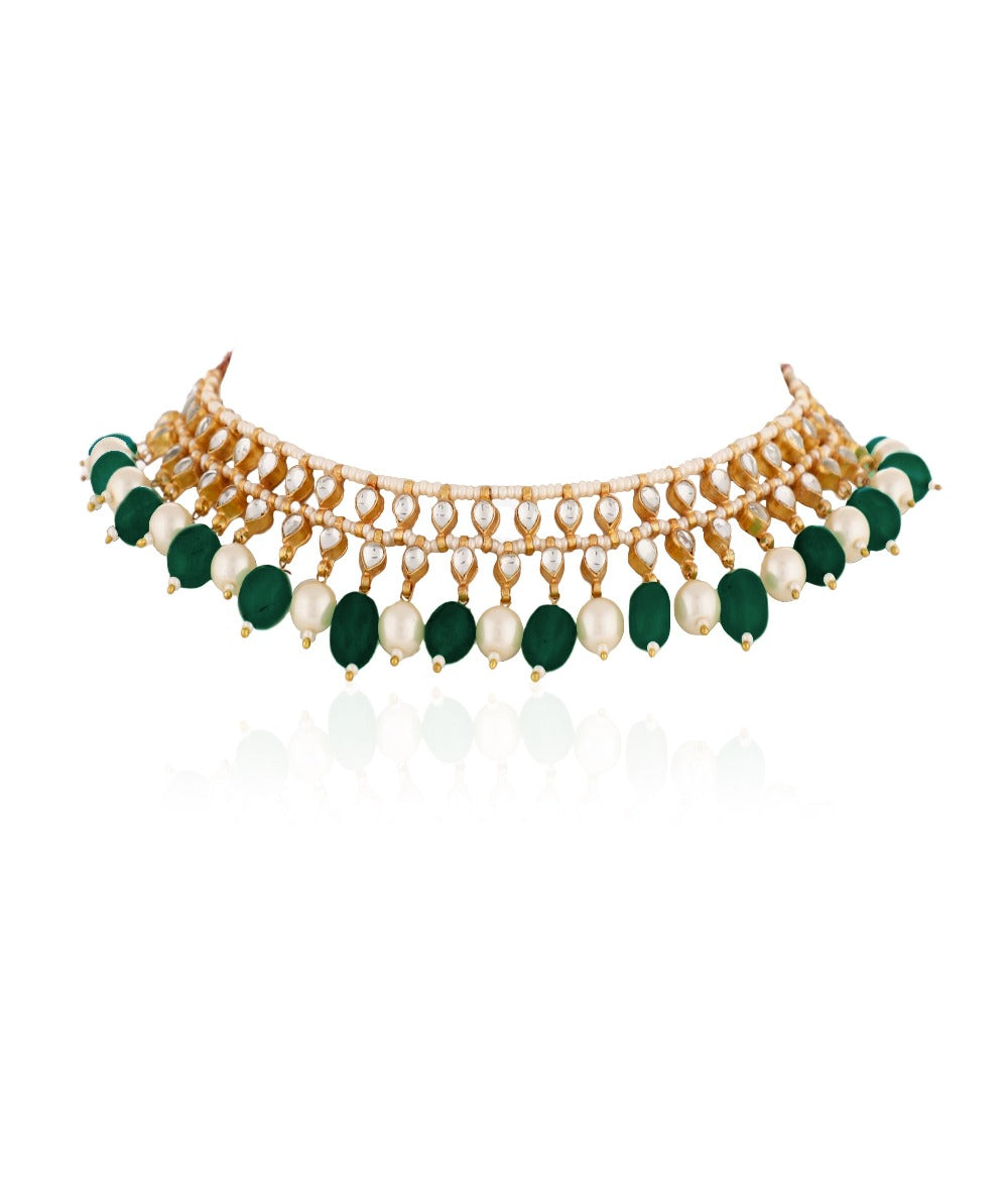 Green Beads with White Pearl Jadtar Stone Choker Set - indian jewelry set Sydney