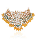 Yellow Beads with Sea Green Hangings White Jadtar Necklace Set - indian jewellery set