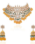 Yellow Beads with Sea Green Hangings White Jadtar Necklace Set - indian jewellery set