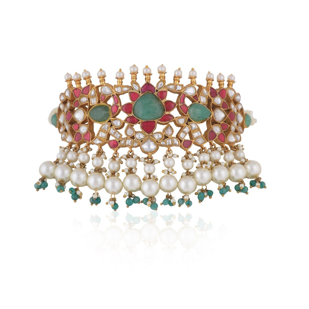 Gold Finish Multicolored Choker Set with White Pearl - indian wedding jewelry gold