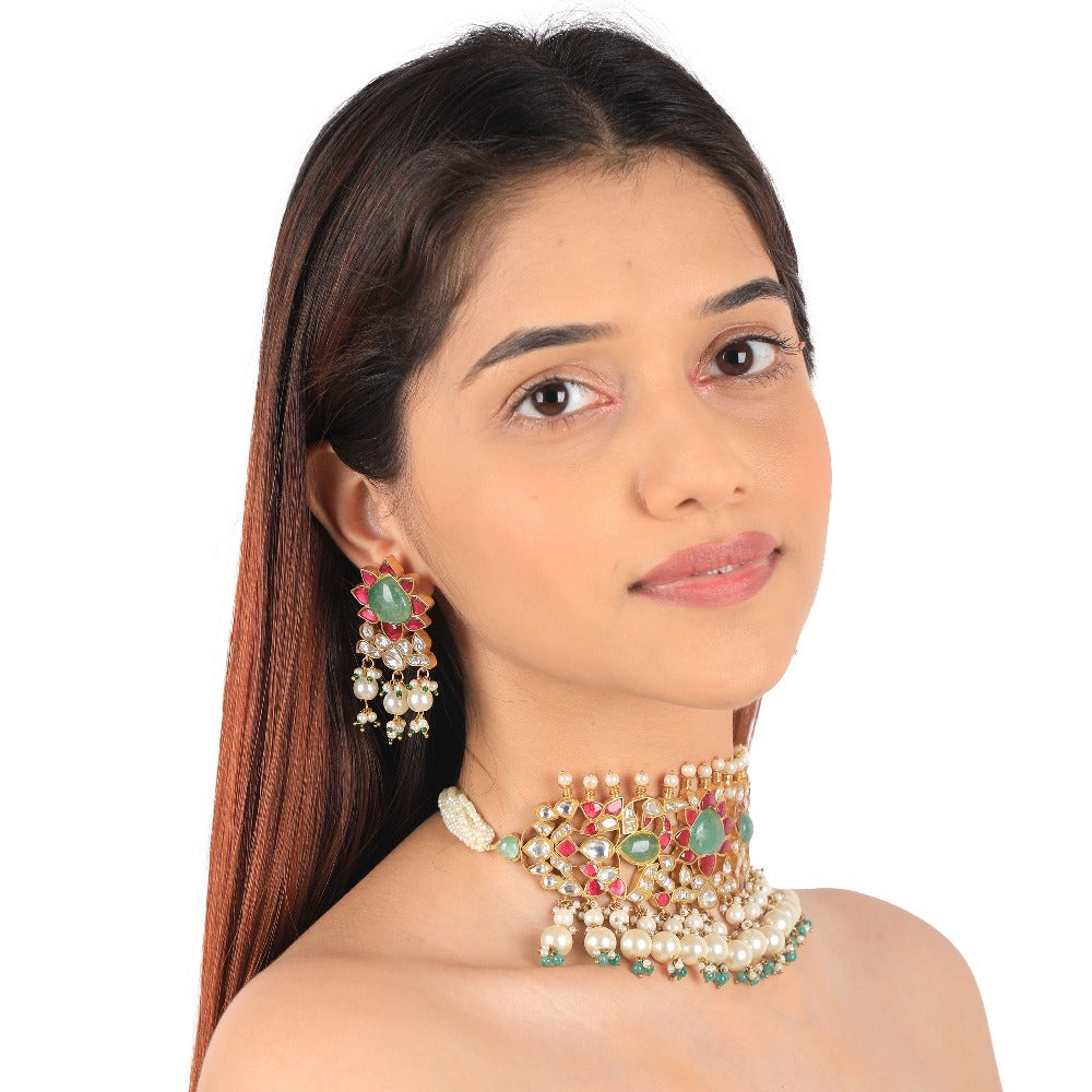 Gold Finish Multicolored Choker Set with White Pearl - indian wedding jewelry gold