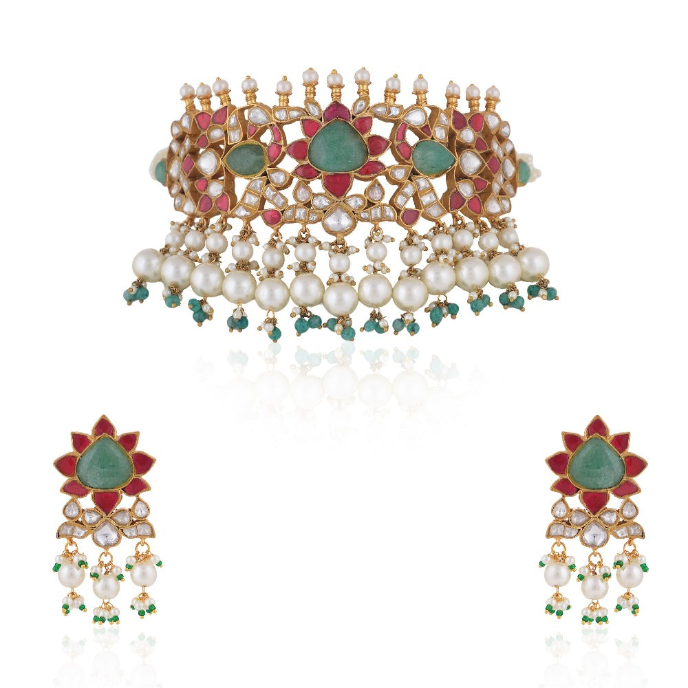 Gold Finish Multicolored Choker Set with White Pearl - indian wedding jewelry gold