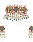 Gold Finish Multicolored Choker Set with White Pearl - indian wedding jewelry gold