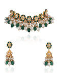 Gold Finish Green Emerald and white Pearl Choker Set - indian jewelry set Australia