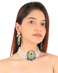 Rice White Pearl Choker with Emerald Green Pendant Set - indian jewelry set Sydney