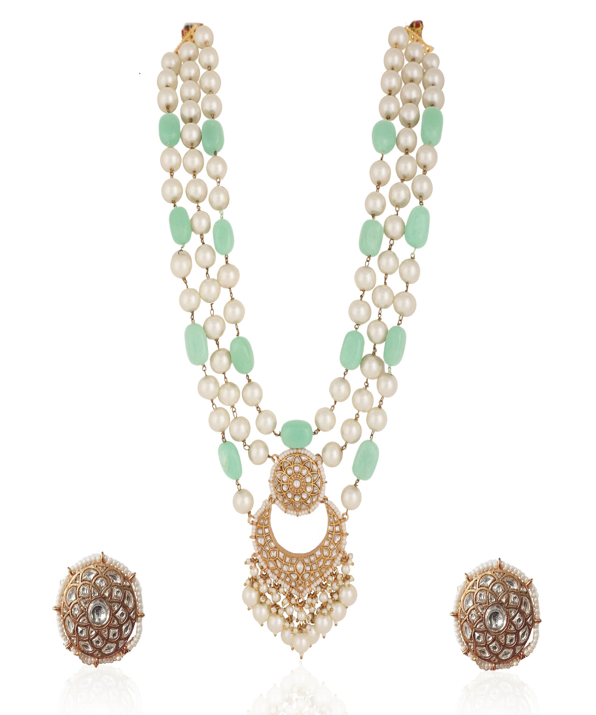 Emerald Sea Green with White Pearl Three Layered Necklace Set - indian jewelry set Australia