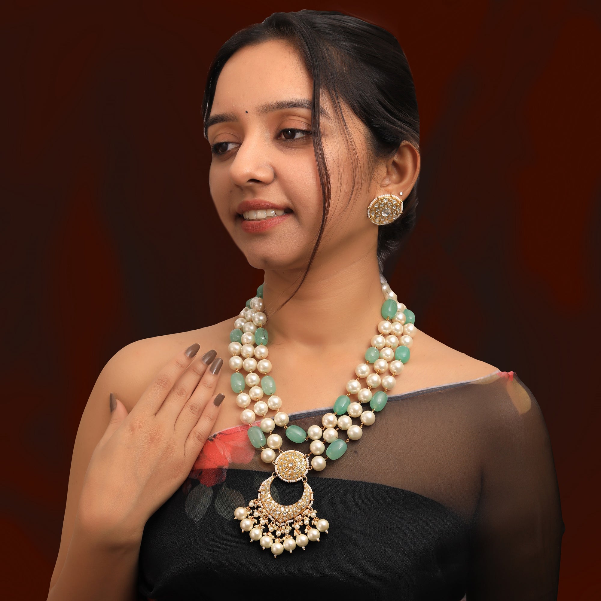 Emerald Sea Green with White Pearl Three Layered Necklace Set - indian jewelry set Australia