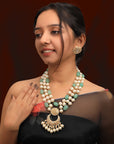 Emerald Sea Green with White Pearl Three Layered Necklace Set - indian jewelry set Australia