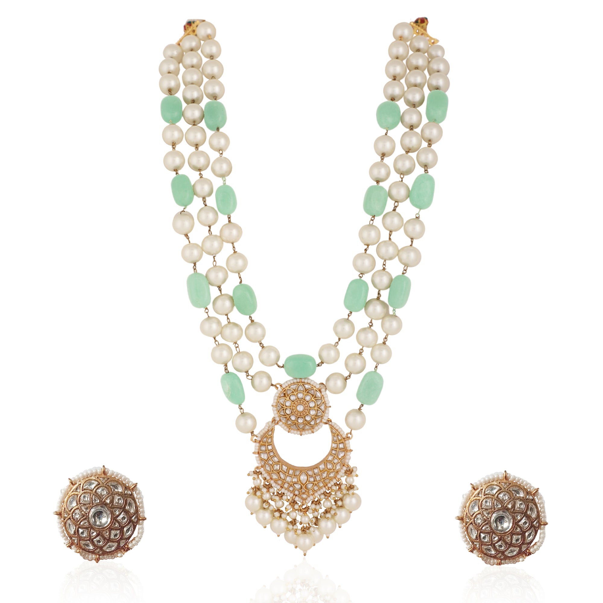 Emerald Sea Green with White Pearl Three Layered Necklace Set - indian jewelry set Australia