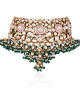 Pink Meenakari Necklace with Green Hangings Necklace Set - necklace set Sydney