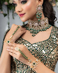 Pink Meenakari Necklace with Green Hangings Necklace Set - necklace set Sydney
