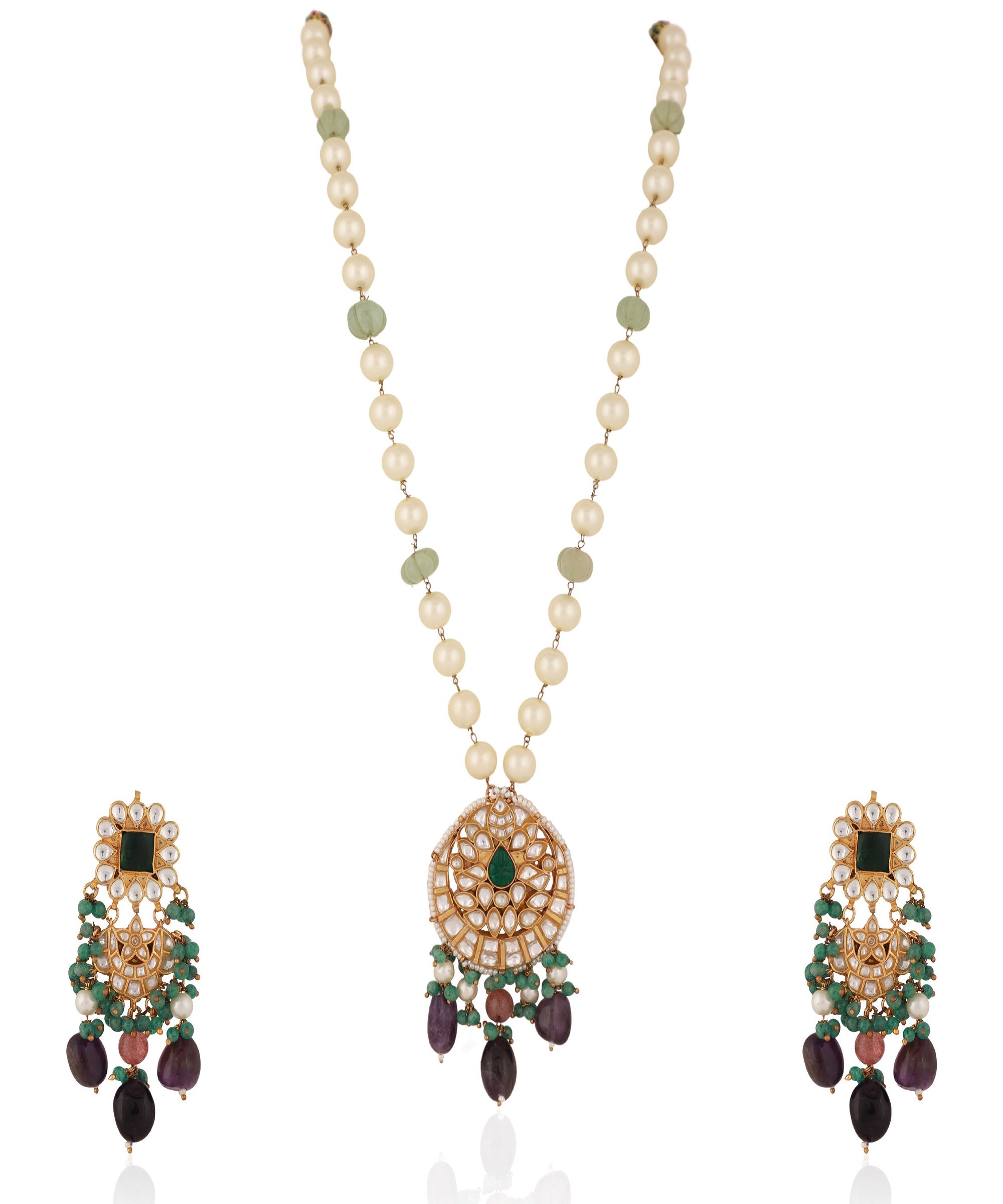 Purple & Sea Green Long Necklace Set with Emerald Beads - necklace set Canada