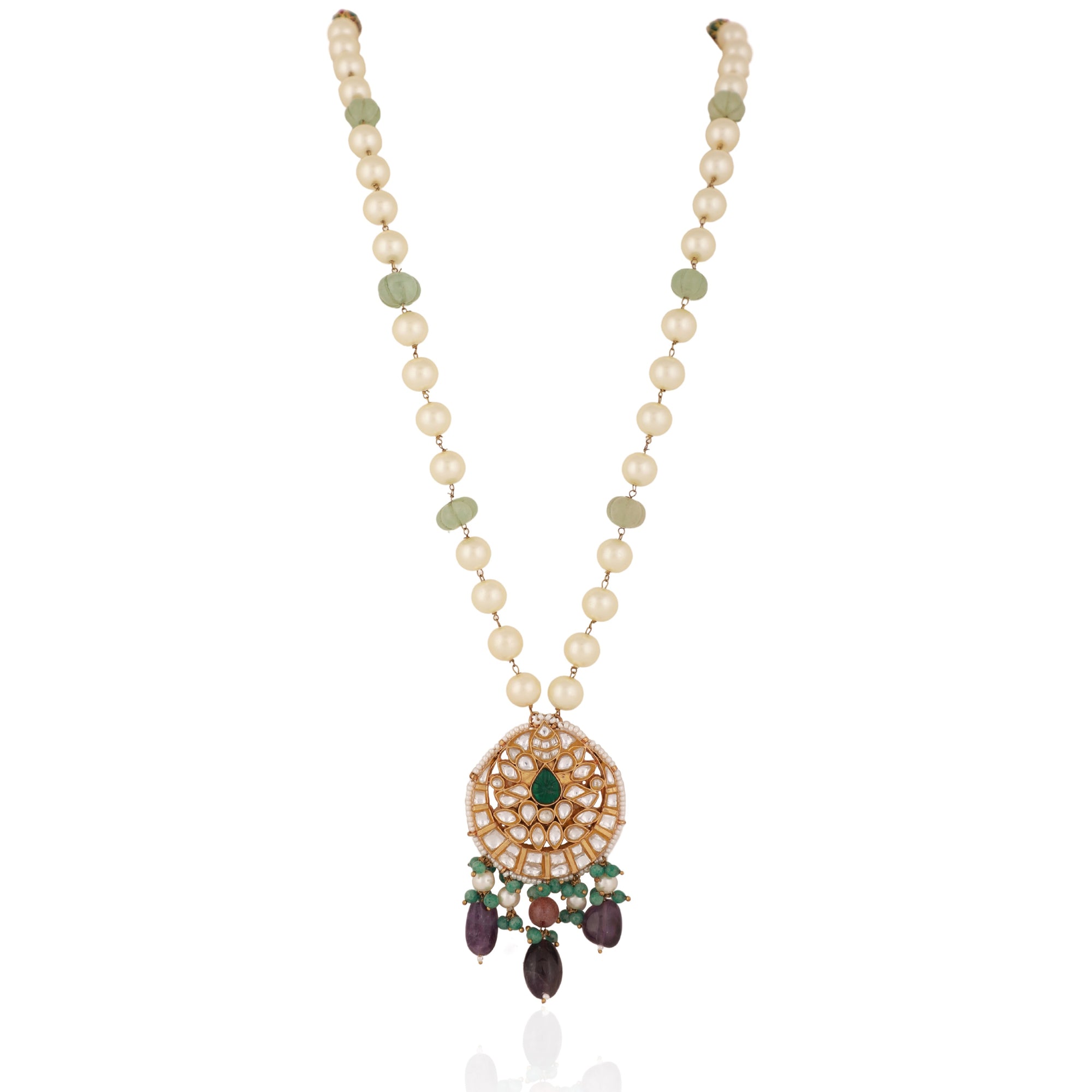 Purple & Sea Green Long Necklace Set with Emerald Beads - necklace set Canada