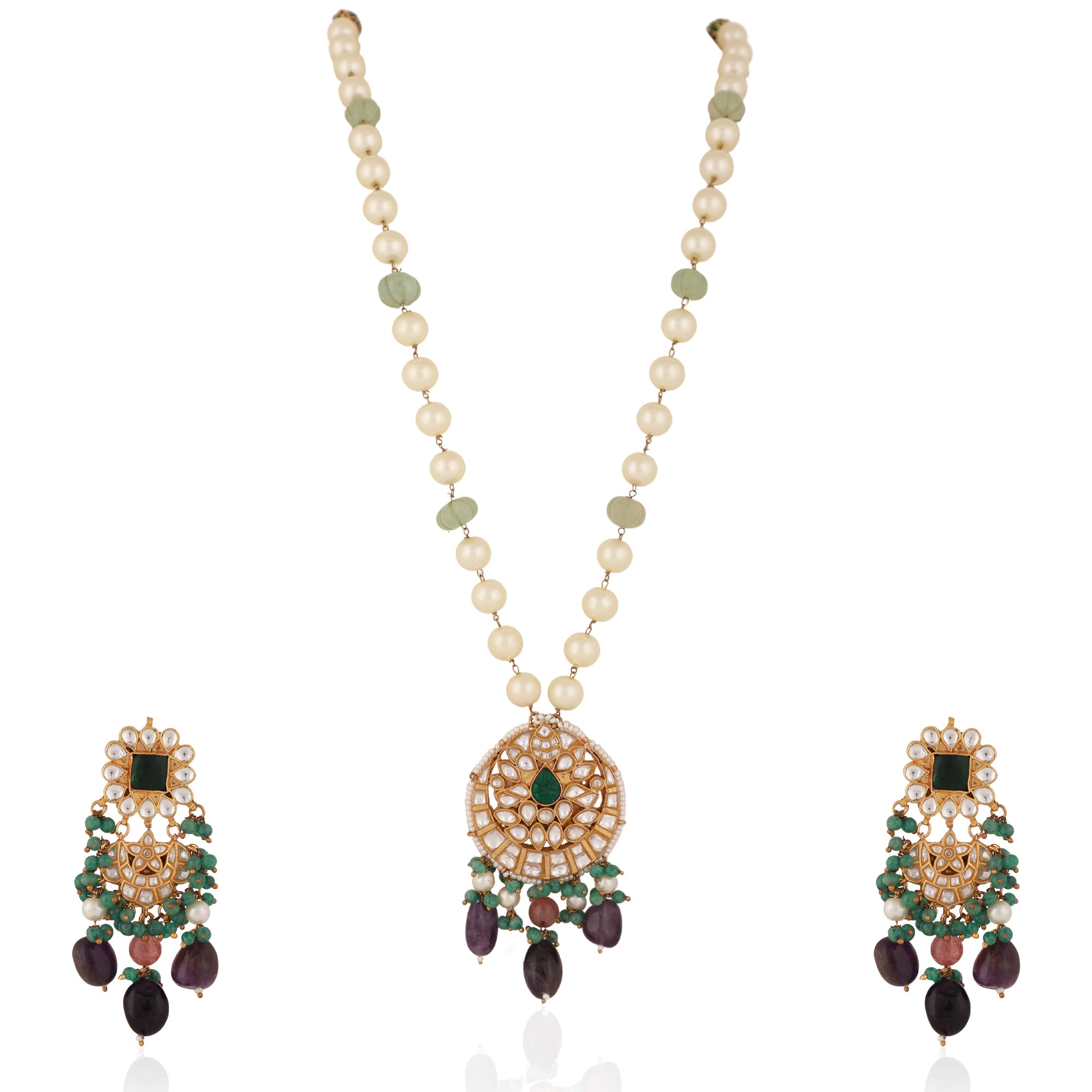 Purple & Sea Green Long Necklace Set with Emerald Beads - necklace set Canada