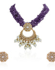 Handcrafted Amethyst Beads and Jadau Necklace Set - indian jewelry set