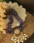Handcrafted Amethyst Beads and Jadau Necklace Set - indian jewelry set
