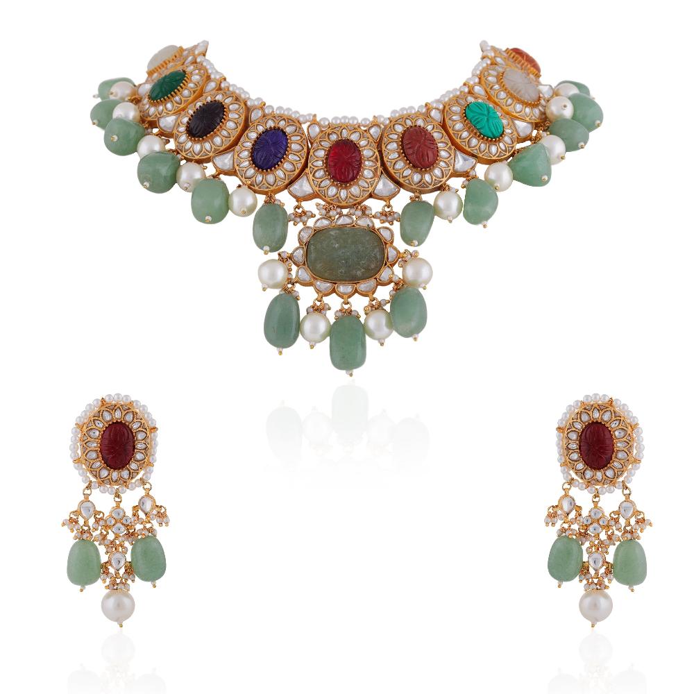Evergreen Navratna Choker Necklace Set - indian necklace set