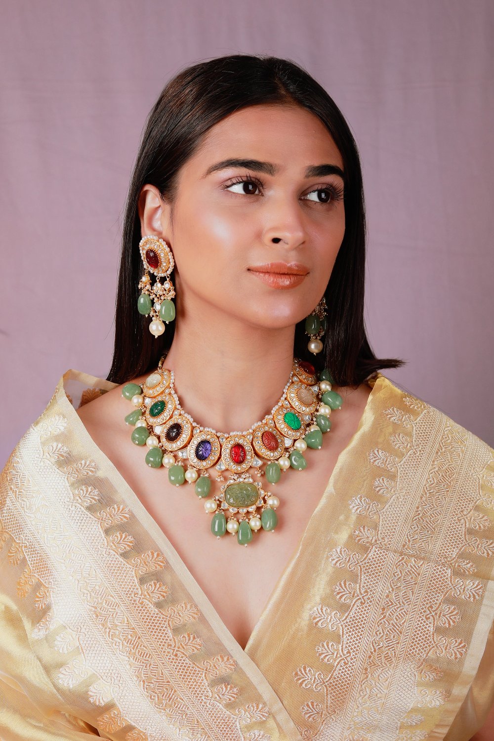 Evergreen Navratna Choker Necklace Set - indian necklace set
