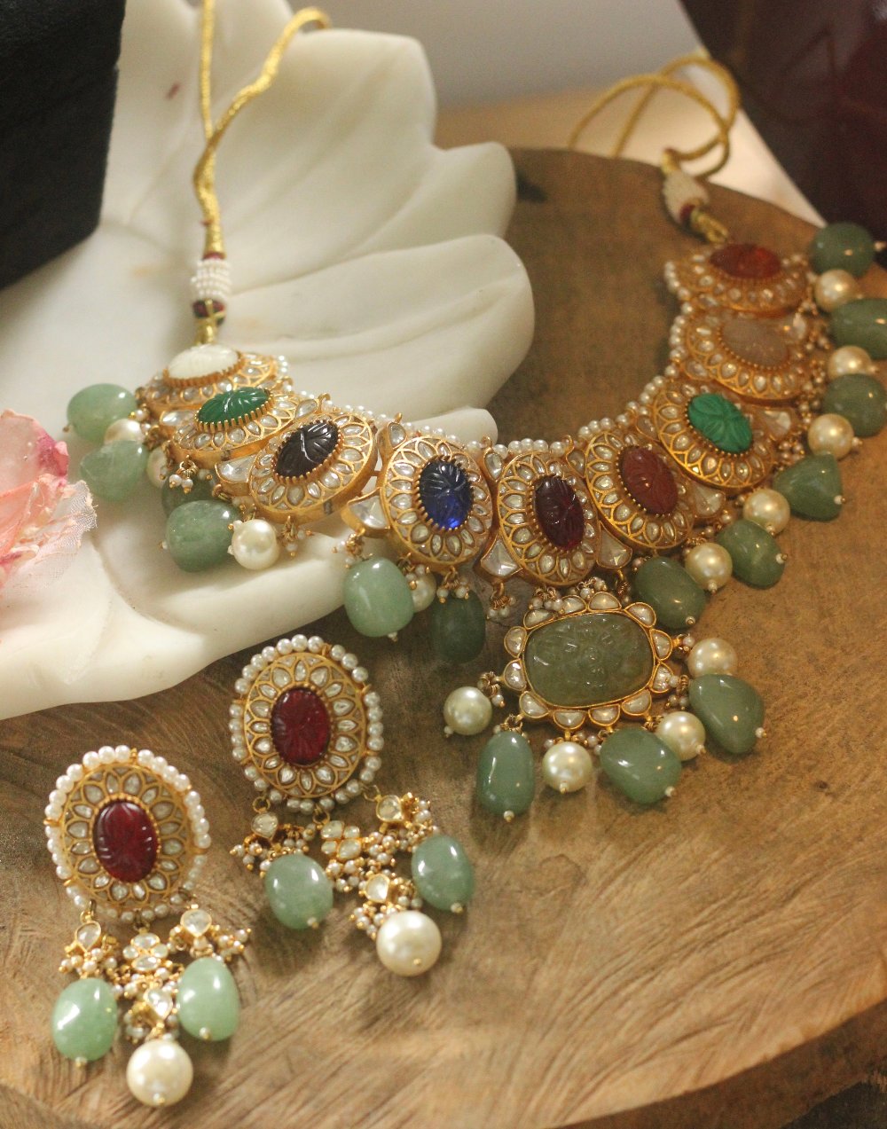 Evergreen Navratna Choker Necklace Set - indian necklace set