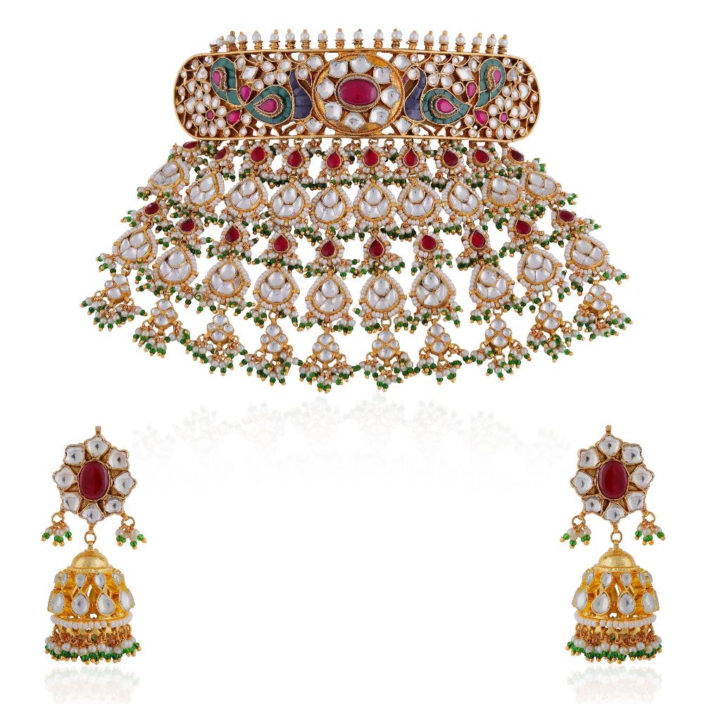 Peacock Design Rajwadu Choker Set - indian jewelry set