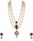 Royal Pearl Hand Made Necklace with Green Motive - indian necklace set