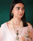 Royal Pearl Hand Made Necklace with Green Motive - indian necklace set