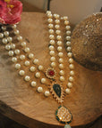 Royal Pearl Hand Made Necklace with Green Motive - indian necklace set