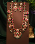 Elegant Gold Plated Pink and Green Long Necklace Set - Ornate necklace and earrings