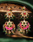 Elegant Gold Plated Pink and Green Long Necklace Set - Ornate earrings with pink, green, and gold colors