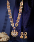 Green Hangings with White Jadtar Stone Long Necklace Set - Jewellery UK