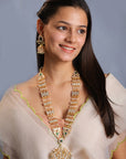 Green Hangings with White Jadtar Stone Long Necklace Set - Waliajones Jewellery
