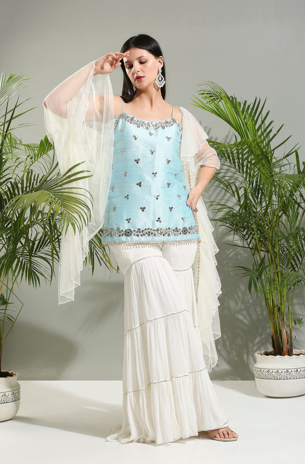 Powder Blue and Ivory Mirror work Sharara Set - indian dress