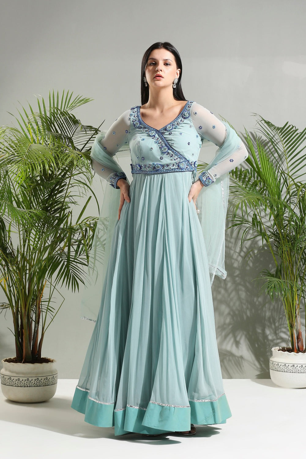 Dusty Blue Anarkali Set - indian ethnic attire