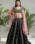 Black Resham and Mirror Hand Embroidered Lehenga Set with Blush Pink Dupatta - indian embroidered dress