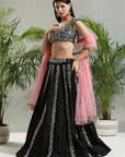 Black Resham and Mirror Hand Embroidered Lehenga Set with Blush Pink Dupatta - indian embroidered dress