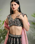 Black Resham and Mirror Hand Embroidered Lehenga Set with Blush Pink Dupatta - indian embroidered dress