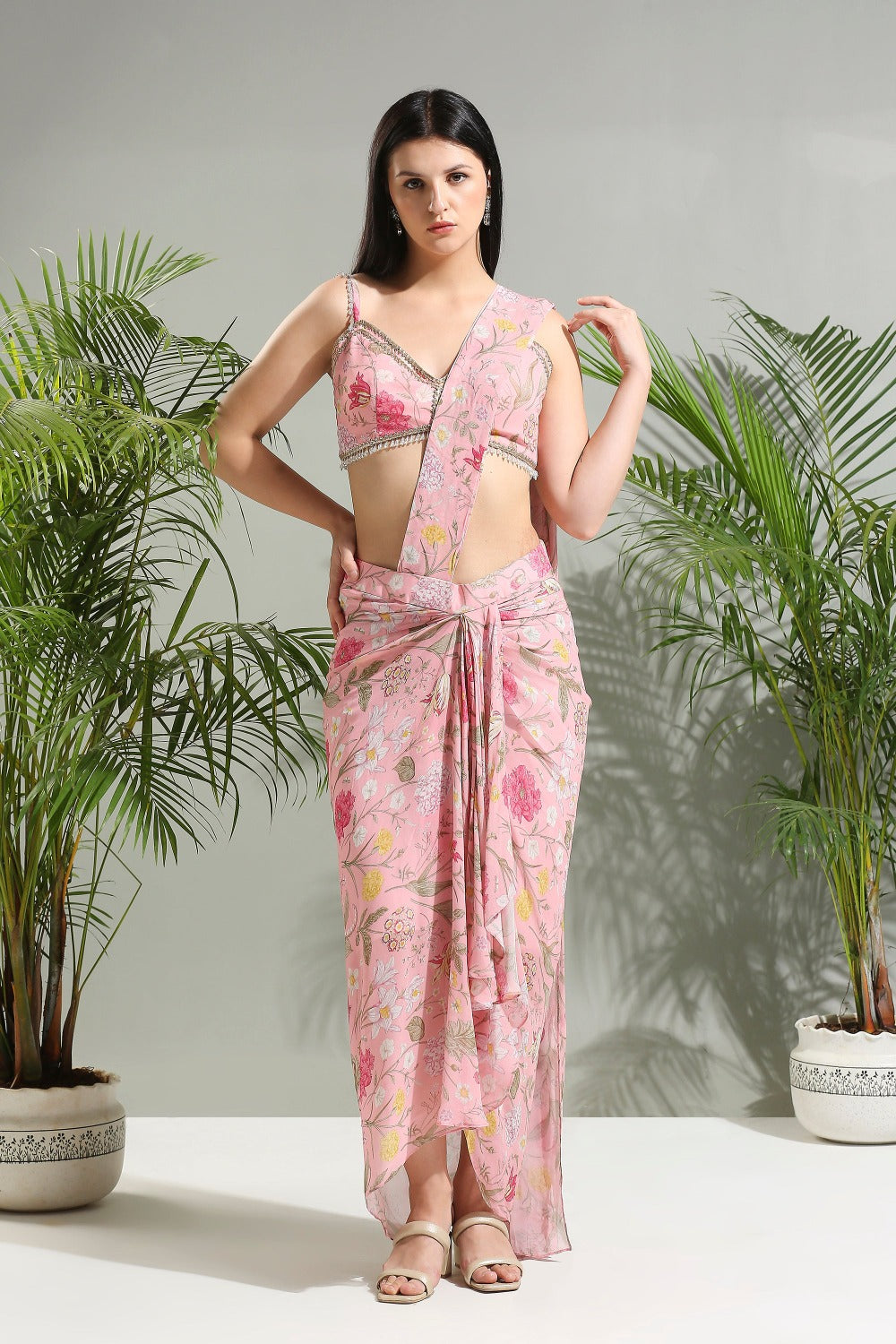 Blush Pink Slit Saree - indian saree dress