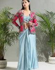 Grey Top and Skirt Set with Fuchsia Jacket - indian fashion