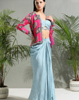 Grey Top and Skirt Set with Fuchsia Jacket - indian fashion