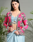 Grey Top and Skirt Set with Fuchsia Jacket - indian fashion