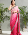 Pink Shaded Saree with Floral Blouse - pink indian outfit