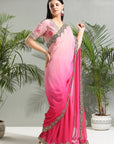 Pink Shaded Saree with Floral Blouse - pink indian outfit
