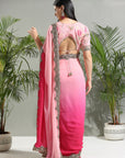 Pink Shaded Saree with Floral Blouse - pink indian outfit