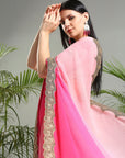 Pink Shaded Saree with Floral Blouse - pink indian outfit