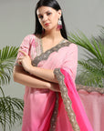 Pink Shaded Saree with Floral Blouse - pink indian outfit