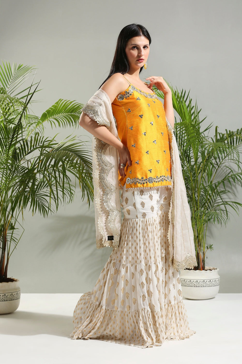 Yellow and Ivory Sharara Set - indian ethnic wear